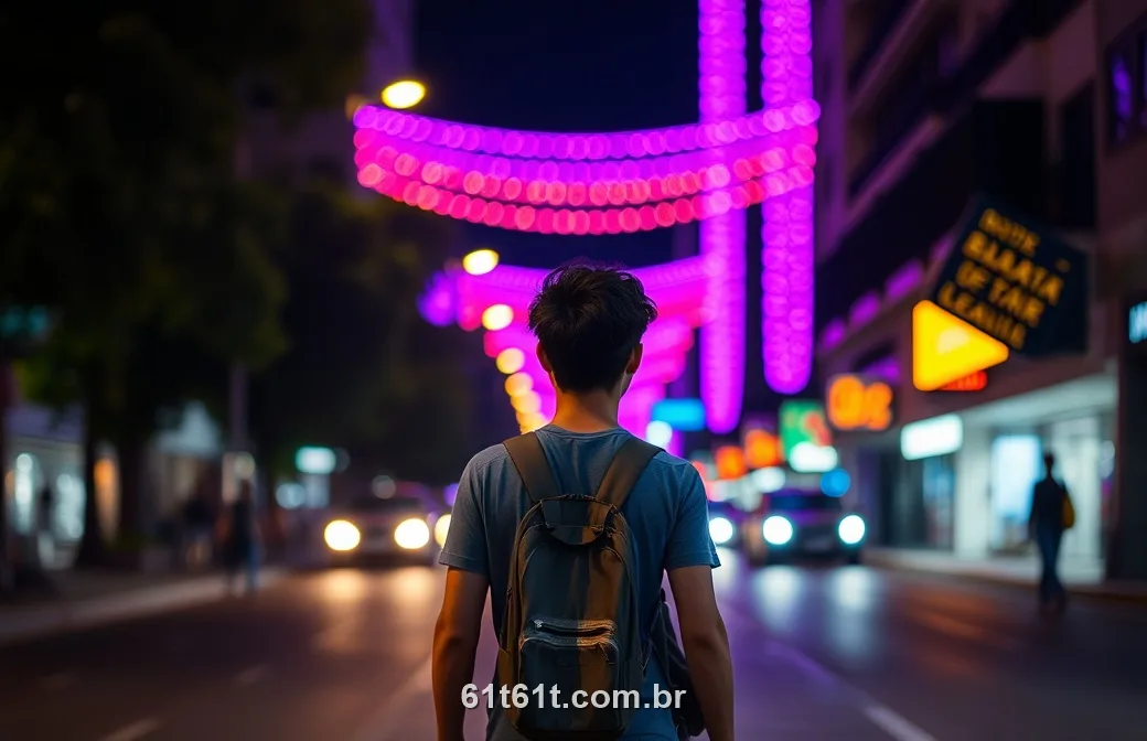 Jovem brasileiro na rua à noite com luzes roxas e douradas olhando o celular