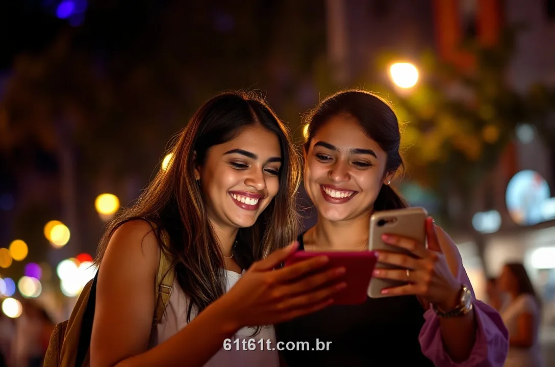 Dois amigos brasileiros rindo ao olhar o celular juntos numa noite de luzes roxas