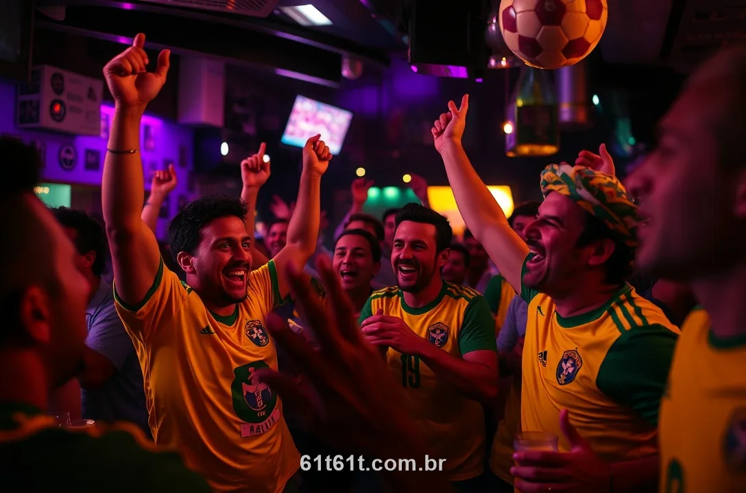 Torcedores brasileiros comemorando um gol num bar à noite sob luz roxa e dourada