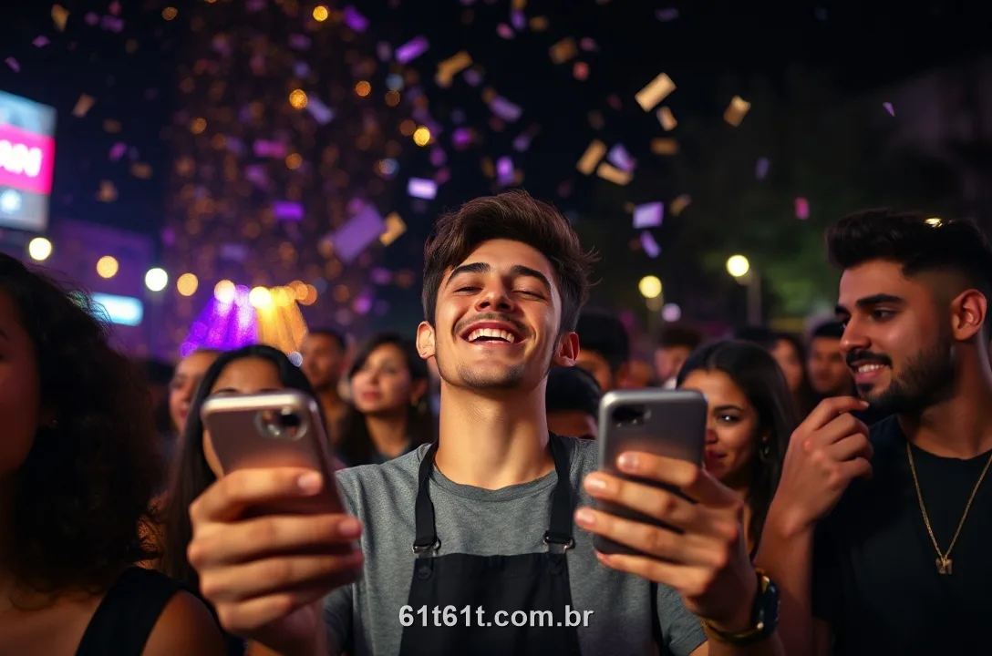 Jovem brasileiro comemorando com amigos ao olhar o celular numa noite de luzes roxas e douradas