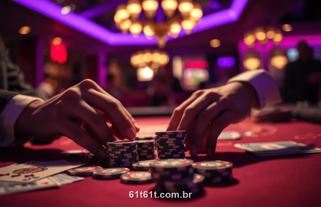 Mãos empilhando fichas e cartas sobre uma mesa de cassino sob luz roxa
