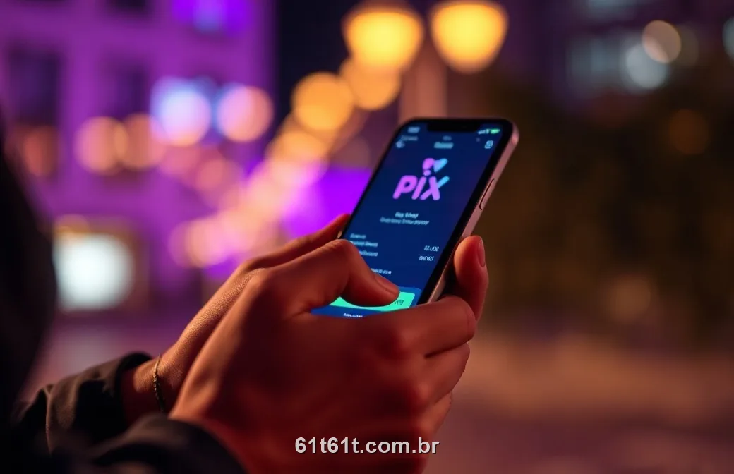 Pessoa confirmando um pagamento por PIX no celular à noite