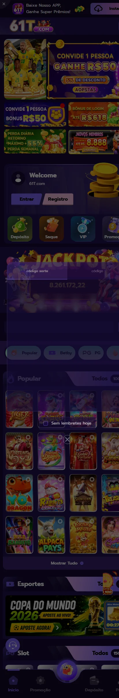 Tela inicial do app oficial 61T.com com o jackpot acumulado