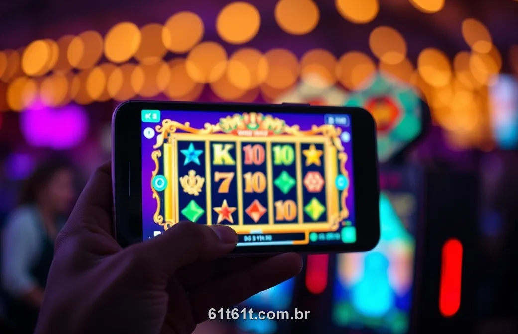 Mão segurando o celular com um caça-níquel colorido sob luz roxa à noite